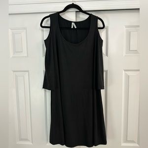Long sleeve, cold shoulder black dress.